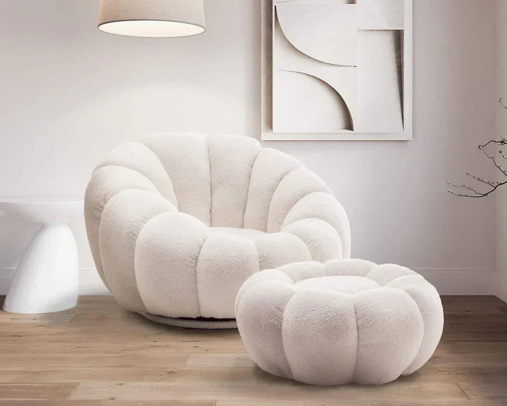 Teddy Boucle Fabric White Swivel Chair