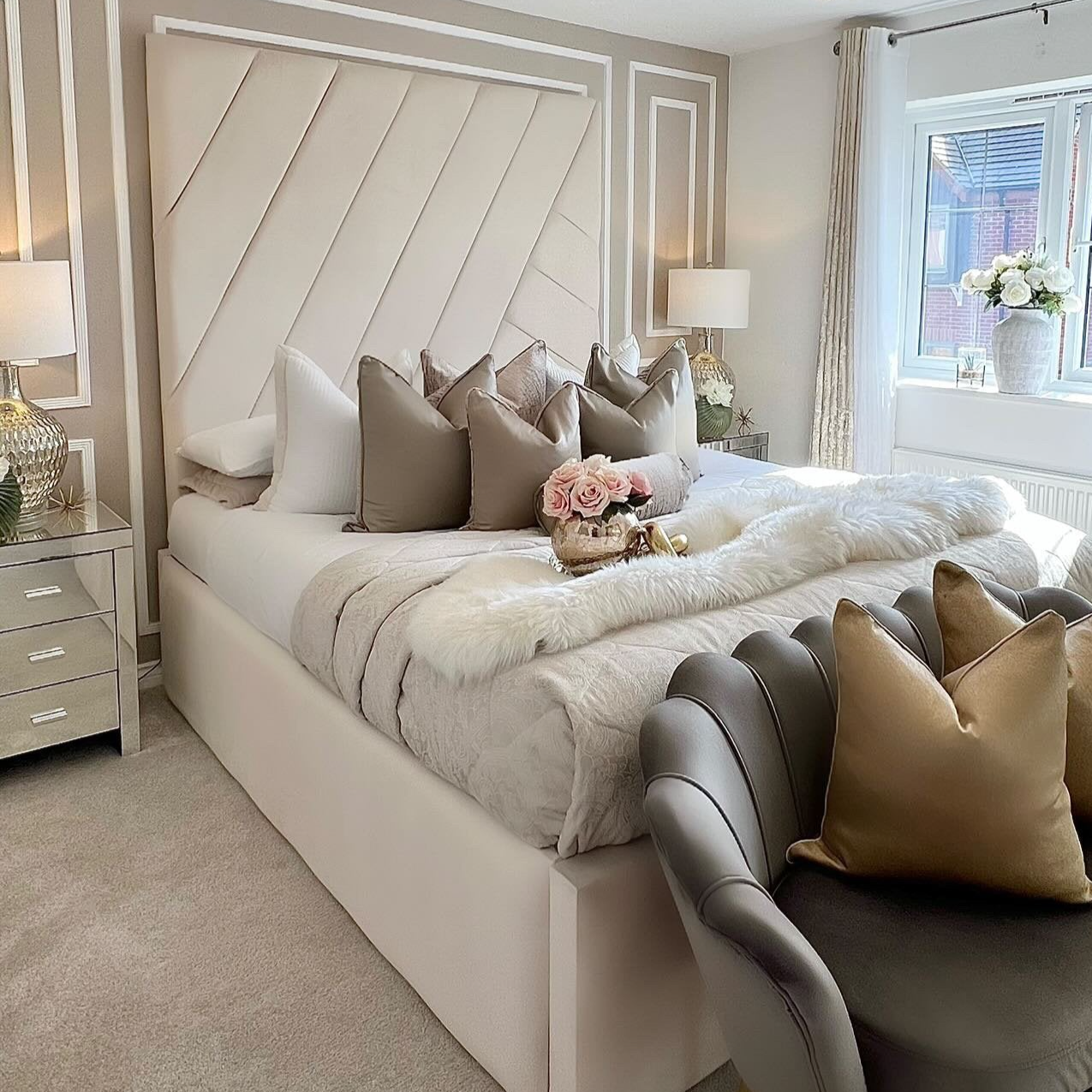 Patterned Prestige Tall Headboard Bed – Designer Patterned Upholstered Bed Frame UK